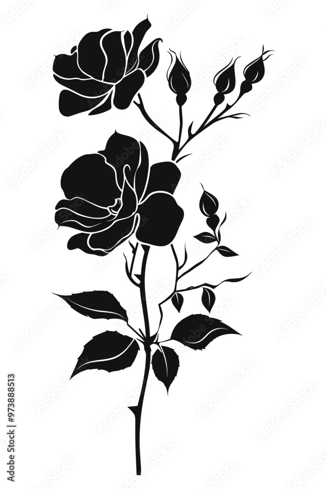 Obraz premium Silhouette of a rose with buds and leaves, a classic symbol of love and beauty.