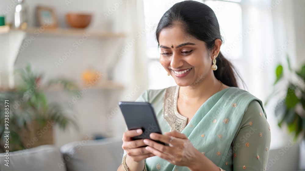 Happy Indian Woman Checking Mobile Organizer
Happy Indian Woman Checking Mobile Organizer