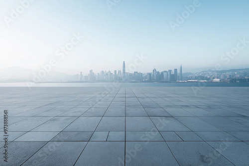 Fototapeta Naklejka Na Ścianę i Meble -  Empty square car advertising background under the city skyline