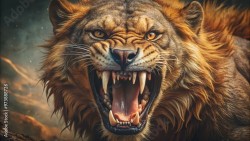 Close-up Portrait of a Roaring Lion with Ferocious Expression photo