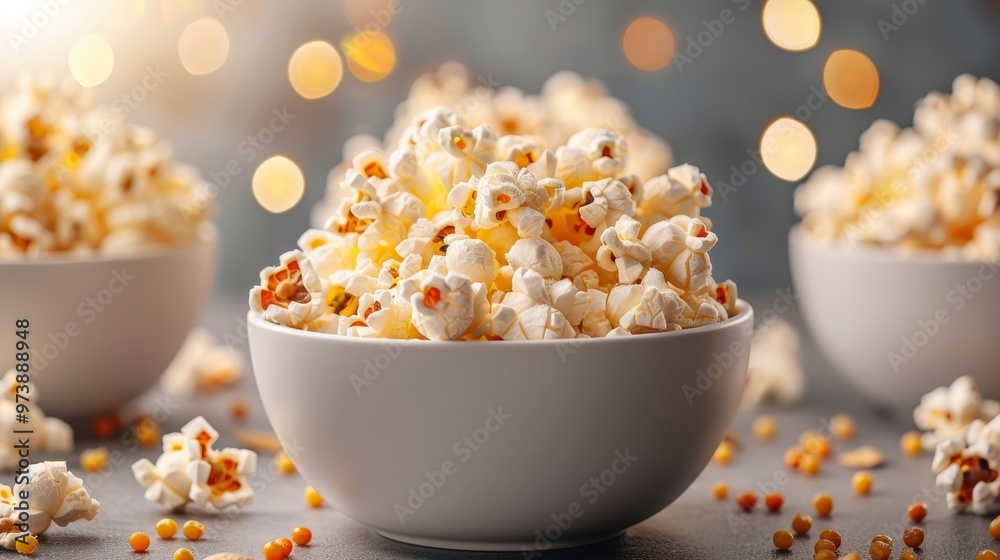 Close-up of delicious popcorn in white bowls with a soft, warm background bokeh, perfect for snack and food-related themes. Close-up of delicious popcorn in white bowls with a soft, warm background bokeh, perfect for snack and food-related themes.
