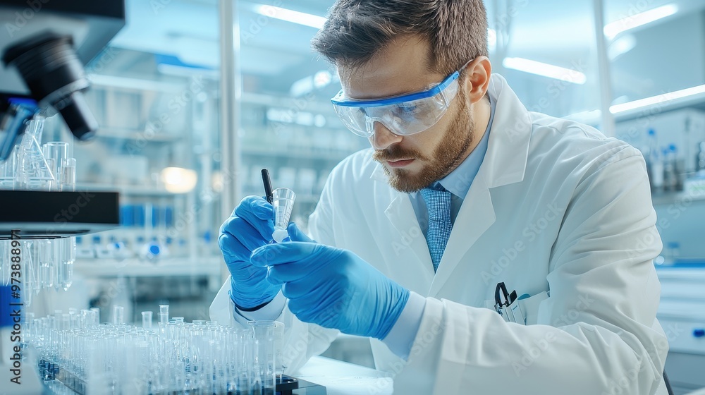 Scientist in Lab Coat Examining Liquid in Beaker Scientist in Lab Coat Examining Liquid in Beaker