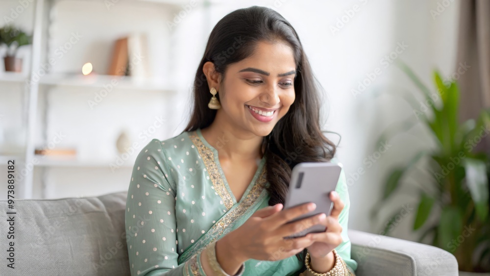 Joyful Indian Woman Browsing Phone, Relaxing Indoors
Joyful Indian Woman Browsing Phone, Relaxing Indoors