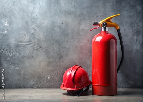 A red fire extinguisher and safety helmet sit on a grey wall background, emphasizing the importance of fire photo