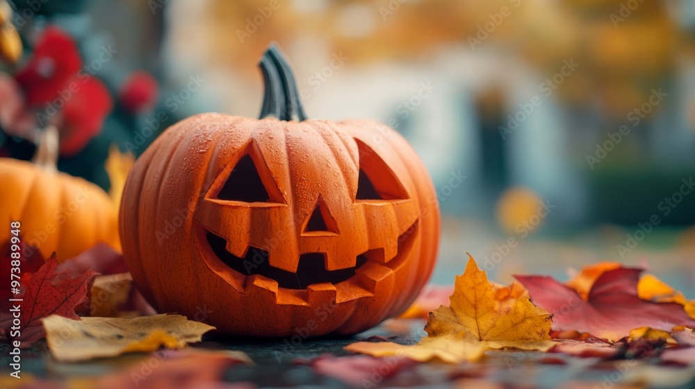 A glowing jack-o-lantern with a classic carved face shines brightly, surrounded by soft bokeh lights and other pumpkins in the background, creating a spooky Halloween scene. A glowing jack-o-lantern with a classic carved face shines brightly, surrounded by soft bokeh lights and other pumpkins in the background, creating a spooky Halloween scene.