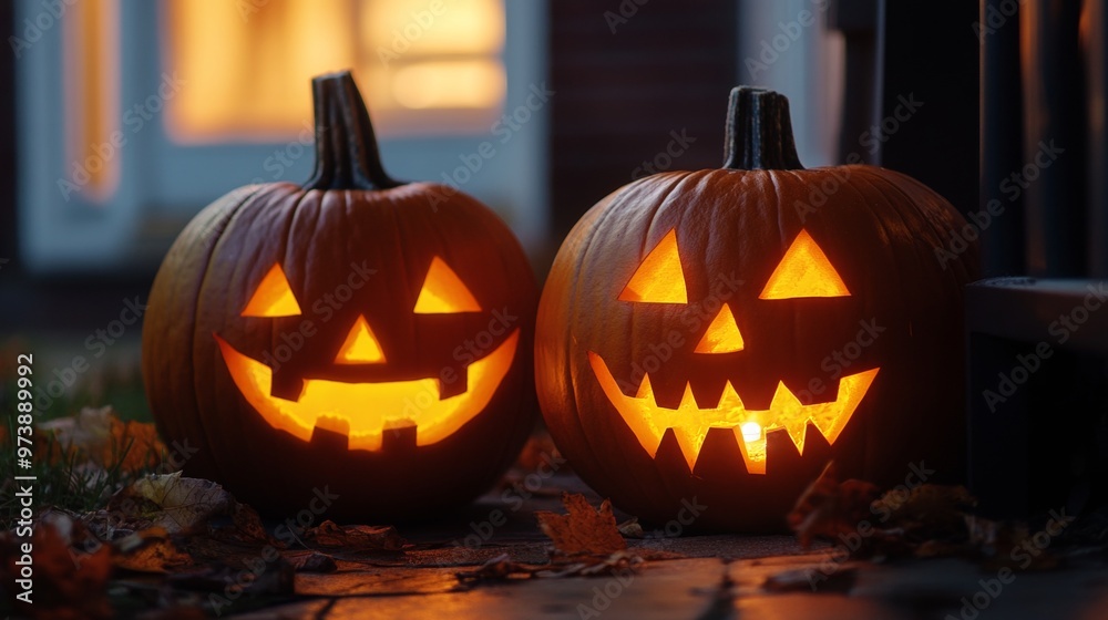 A glowing jack-o-lantern with a classic carved face shines brightly, surrounded by soft bokeh lights and other pumpkins in the background, creating a spooky Halloween scene. A glowing jack-o-lantern with a classic carved face shines brightly, surrounded by soft bokeh lights and other pumpkins in the background, creating a spooky Halloween scene.
