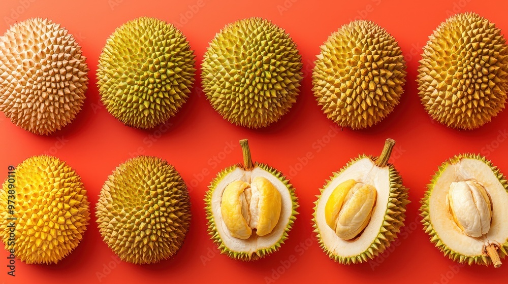 Durian Fruit Whole and Cut in Half on Red Background Durian Fruit Whole and Cut in Half on Red Background