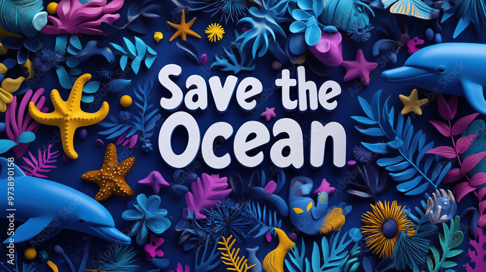 Save Ocean with vibrant underwater life and colorful marine elements Save Ocean with vibrant underwater life and colorful marine elements