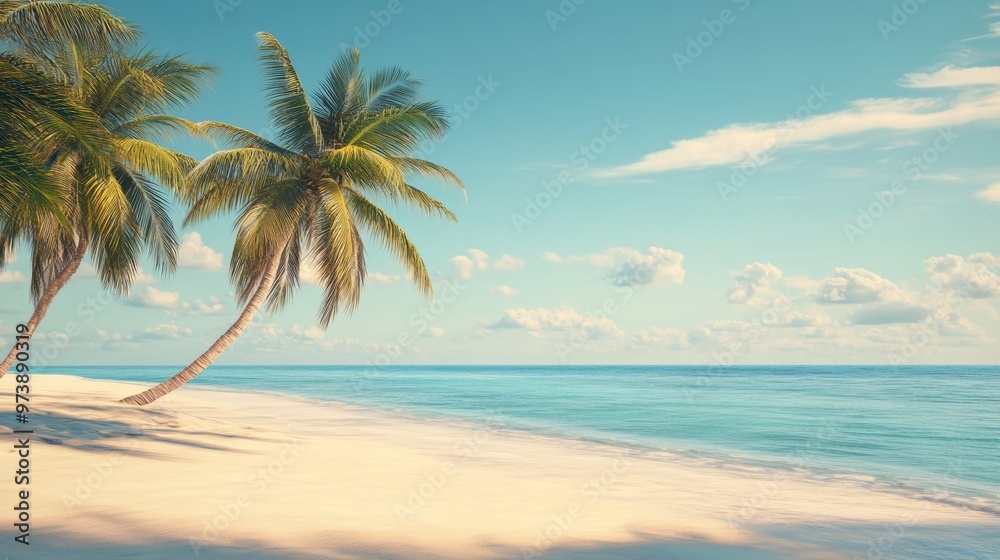 White sandy beach with tall palm trees under a bright blue sky, with clouds floating in the distance. White sandy beach with tall palm trees under a bright blue sky, with clouds floating in the distance.
