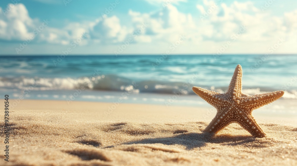 Starfish resting on the sand by the beach with waves gently rolling in the background. Starfish resting on the sand by the beach with waves gently rolling in the background.