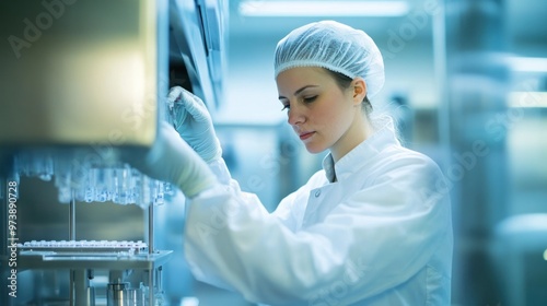 A biopharmaceutical scientist in a cleanroom setting, meticulously adjusting sterile lab equipment while wearing sterile gloves, emphasizing the importance of aseptic processing in pharmaceuticals