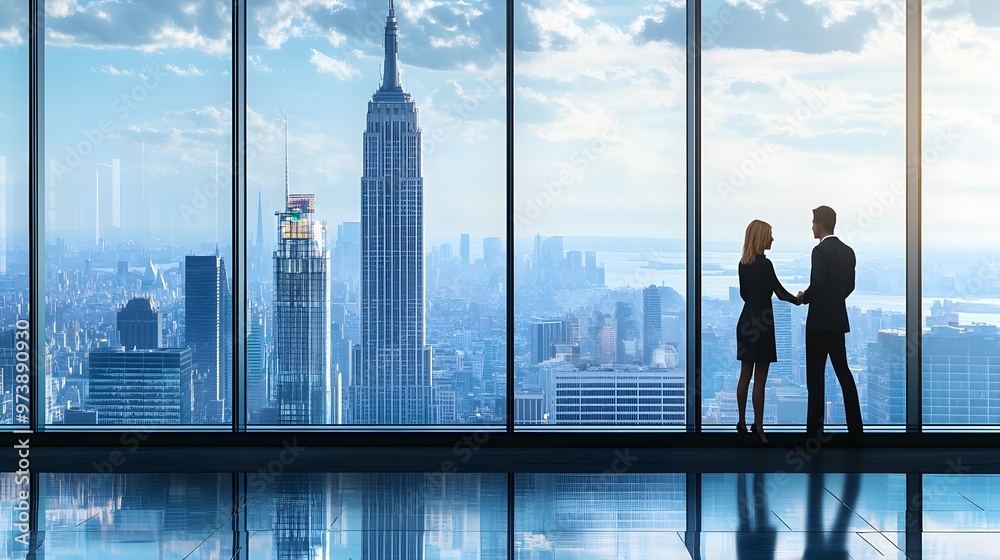 Two Business Professionals Looking Out of a Window in a Skyscraper Two Business Professionals Looking Out of a Window in a Skyscraper