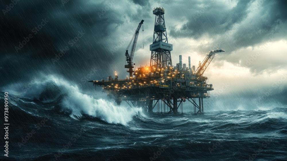 Obraz premium A busy offshore oil rig worker operating machinery in the middle of the ocean, waves crashing against the platform, cloudy skies, dynamic lighting