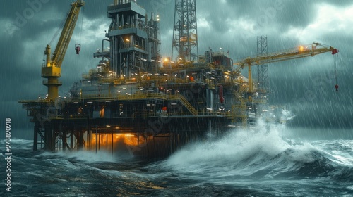 A busy offshore oil rig worker operating machinery in the middle of the ocean, waves crashing against the platform, cloudy skies, dynamic lighting photo