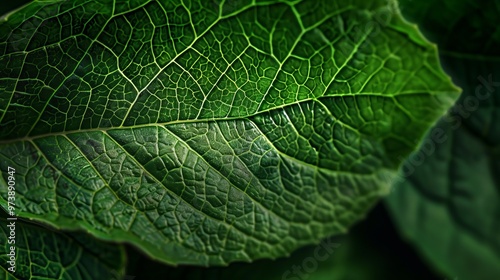 Macro photography reveals the intricate vein pattern of a green leaf, highlighting the details of plant biology. 