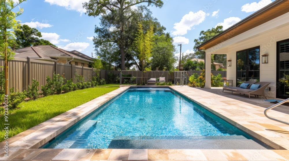 A rectangular new swimming pool with tan concrete edges in the fenced backyard of a new construction house. A rectangular new swimming pool with tan concrete edges in the fenced backyard of a new construction house.