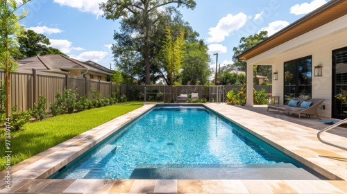 A rectangular new swimming pool with tan concrete edges in the fenced backyard of a new construction house. 