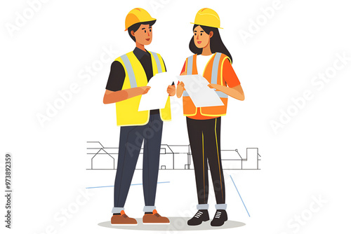 Fusion illustration of people in construction and helmets, one holding a paper with blueprints on it, Generative AI