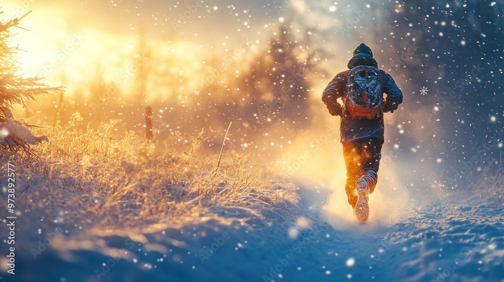 A person jogging through a snowy landscape during sunset. A person jogging through a snowy landscape during sunset.