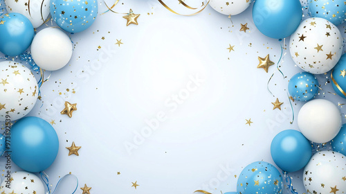 blue and white balloons with gold stars and ribbons, Birthday background, party background, celebration, wjite background photo