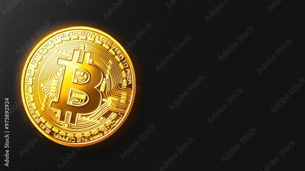 Golden Bitcoin Cryptocurrency Coin on Black Background Golden Bitcoin Cryptocurrency Coin on Black Background