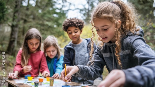 A group of students in an outdoor classroom setting, engaged in a creative art project under the guidance of their teacher, highlighting nature-based learning