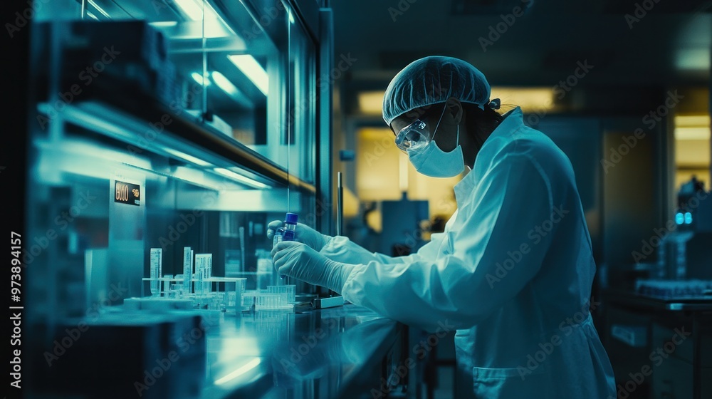 A pharmaceutical technician working in a sterile laboratory environment, surrounded by high-tech lab equipment and conducting laboratory quality assurance checks A pharmaceutical technician working in a sterile laboratory environment, surrounded by high-tech lab equipment and conducting laboratory quality assurance checks