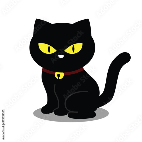 Cute black kitten wearing bell pet collar mascot character vector design illustration with simple art style perfect for pet or cat adopt and Halloween business logo template idea