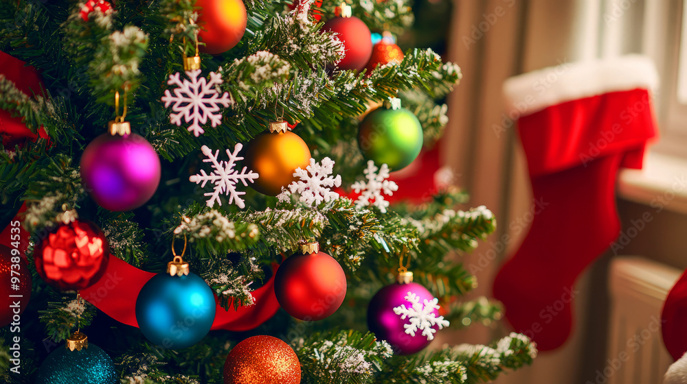 Close-Up Of A Christmas Tree Decorated With Colorful Ornaments, Snowflakes And Faux Snow. Close-Up Of A Christmas Tree Decorated With Colorful Ornaments, Snowflakes And Faux Snow.