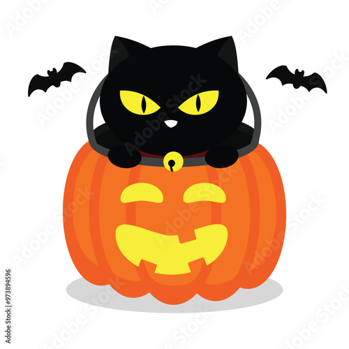 Black cat comes out of a jack o lantern pumpkin surrounded by bat in cute vector art illustration perfect for horror and Halloween design themes editable asset template