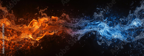 Fiery Flames and Splashing Water on Black Background - Dynamic Contrast of Opposite Energies - Abstract Concept of Fire and Water Interaction