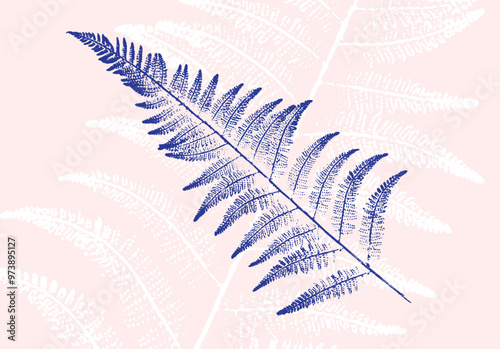 Decorative fern print of monotone pink and blue ink impression print.