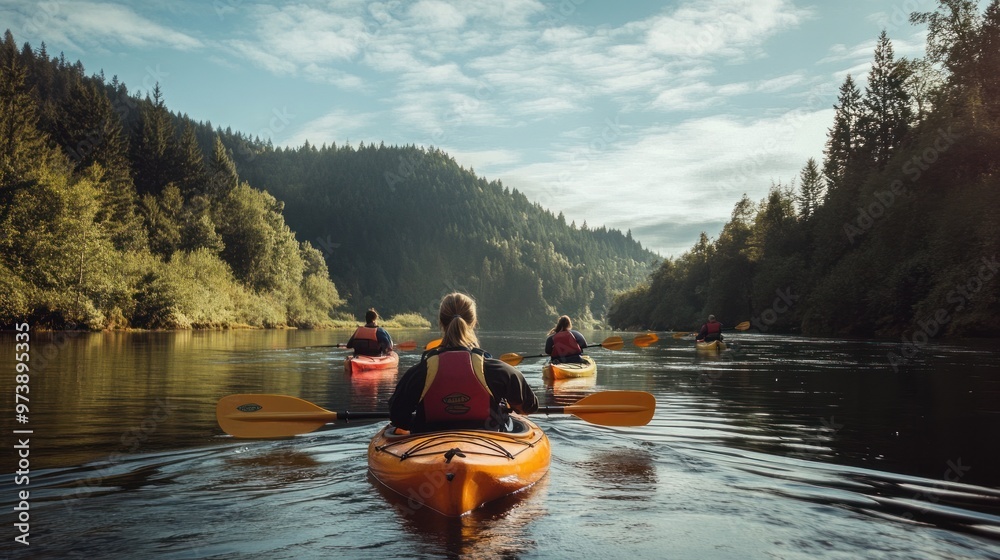 Adventure travel with friends on a river kayaking trip Adventure travel with friends on a river kayaking trip