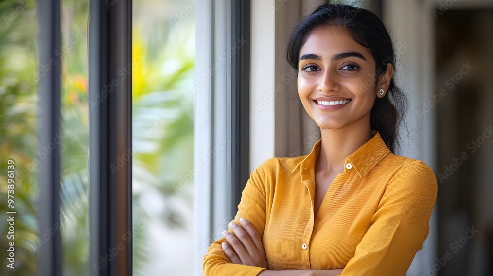 Smiling Woman in Yellow Shirt Standing by Window Smiling Woman in Yellow Shirt Standing by Window