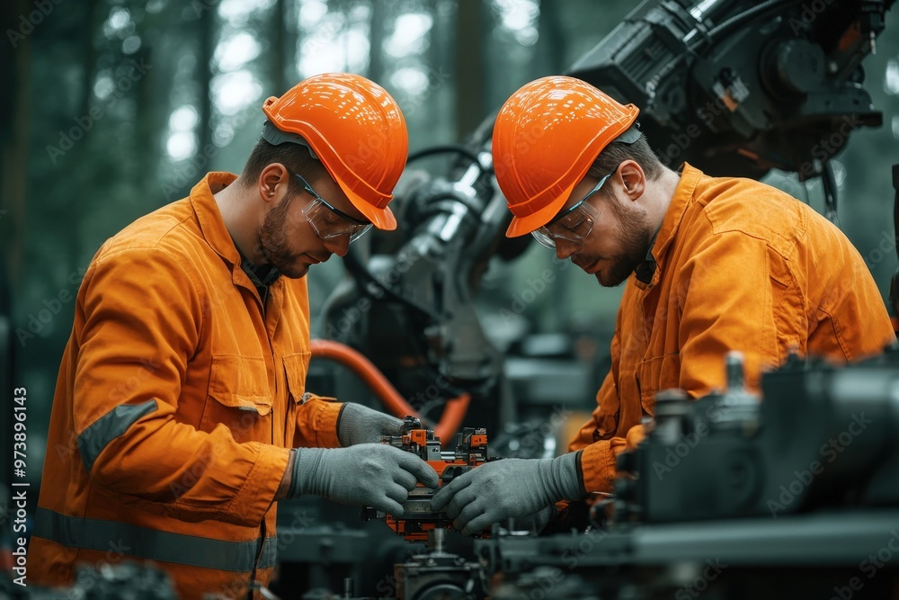 Two Skilled Professionals Collaborating on Machinery Repair under the Forest Canopy Two Skilled Professionals Collaborating on Machinery Repair under the Forest Canopy
