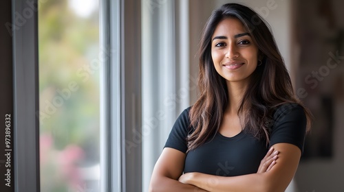 Portrait of a Smiling Young Woman with Long Dark Hair Standing by a Window Free Download Portrait of a Smiling Young Woman with Long Dark Hair Standing by a Window - GFXLoad