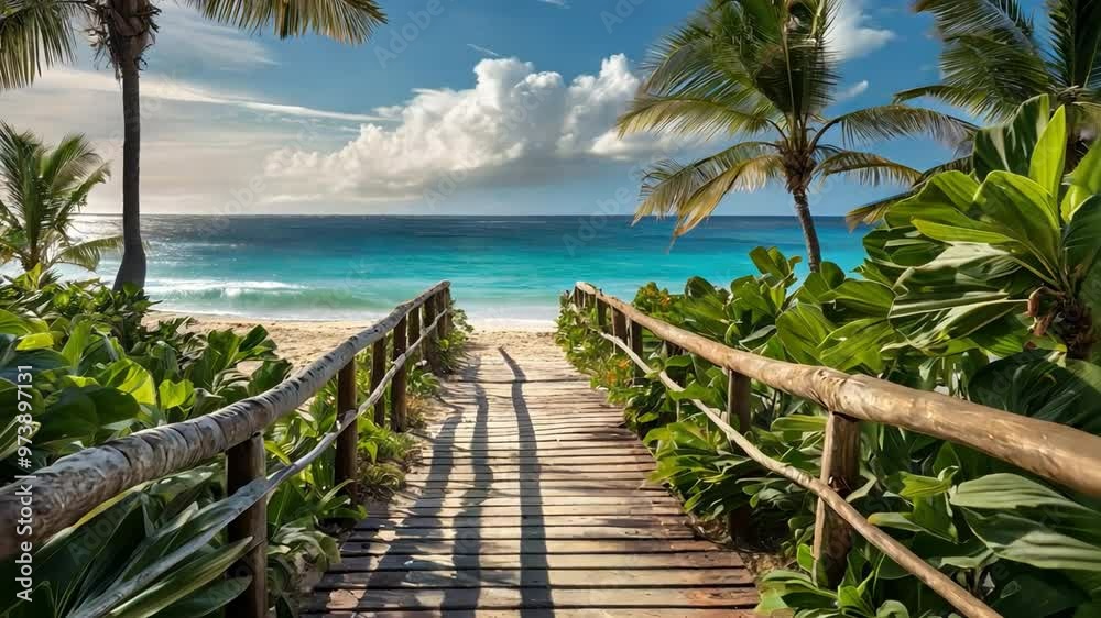 A picturesque wooden pathway leading through lush greenery towards a serene tropical beach. A picturesque wooden pathway leading through lush greenery towards a serene tropical beach.