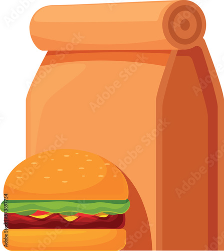 Cartoon vector illustration of a burger standing near a brown paper package for food delivery