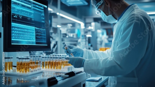 An automated medical vial inspection system in a sterile lab, with a pharmaceutical scientist overseeing the process, highlighting the integration of technology in quality control photo