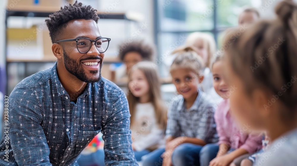An enthusiastic teacher guiding a group of kids in a classroom, with a focus on interactive learning and education An enthusiastic teacher guiding a group of kids in a classroom, with a focus on interactive learning and education