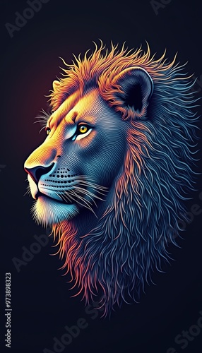 A stunning digital illustration of a lion's head, showcasing vibrant colors and intricate details, perfect for wildlife, art, or motivational projects. photo