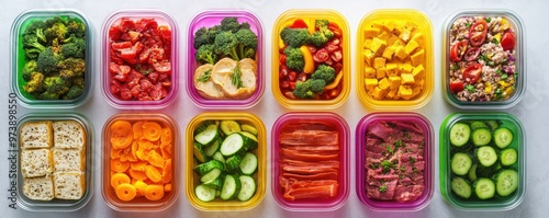 Family Meal Prep Essentials - Colorful Containers with Healthy Meals from Above View photo