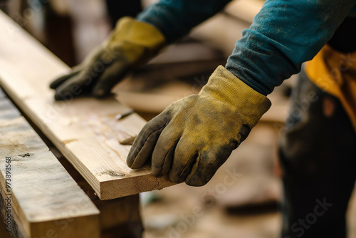 Closeup of a gloved hand holding a wooden plank