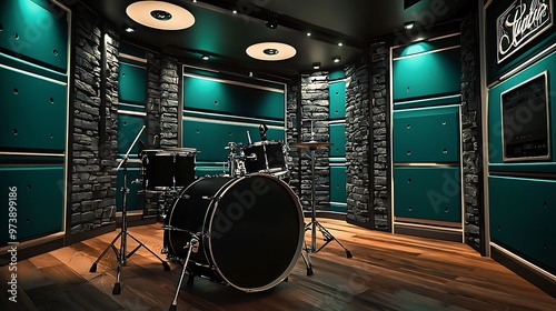 Sleek music studio with luxurious dark turquoise walls and a black drum kit.