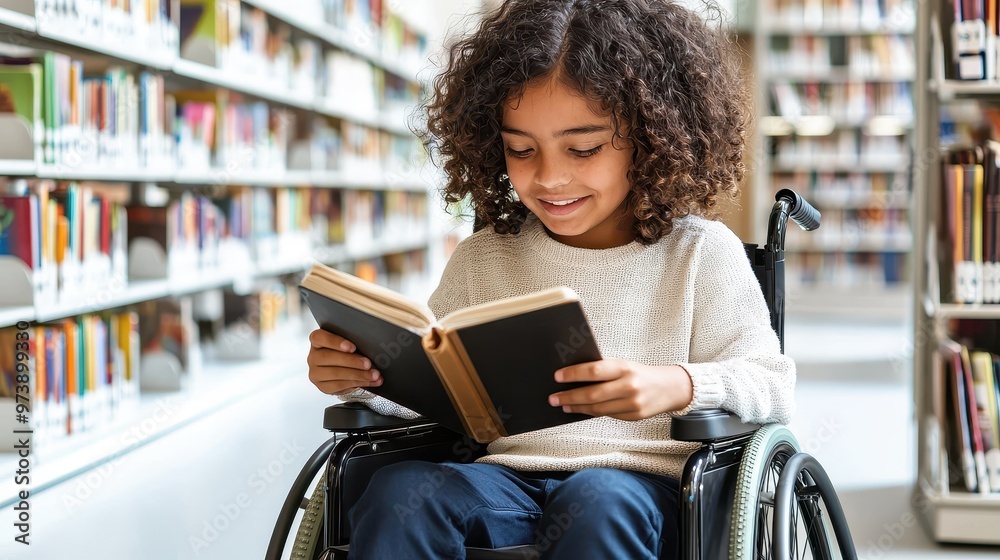 Fototapeta premium Girl in Wheelchair Reading Book in Library