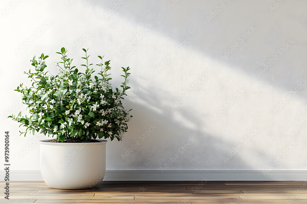 Green plants in white pots on a wooden floor in front of a white wall give a sense of nature, peace and balance. Suitable for interior decoration or wallpaper that emphasizes a relaxing atmosphere. Green plants in white pots on a wooden floor in front of a white wall give a sense of nature, peace and balance. Suitable for interior decoration or wallpaper that emphasizes a relaxing atmosphere.