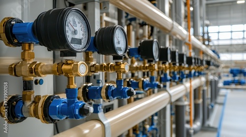 Industrial Pipe System with Gauges and Valves