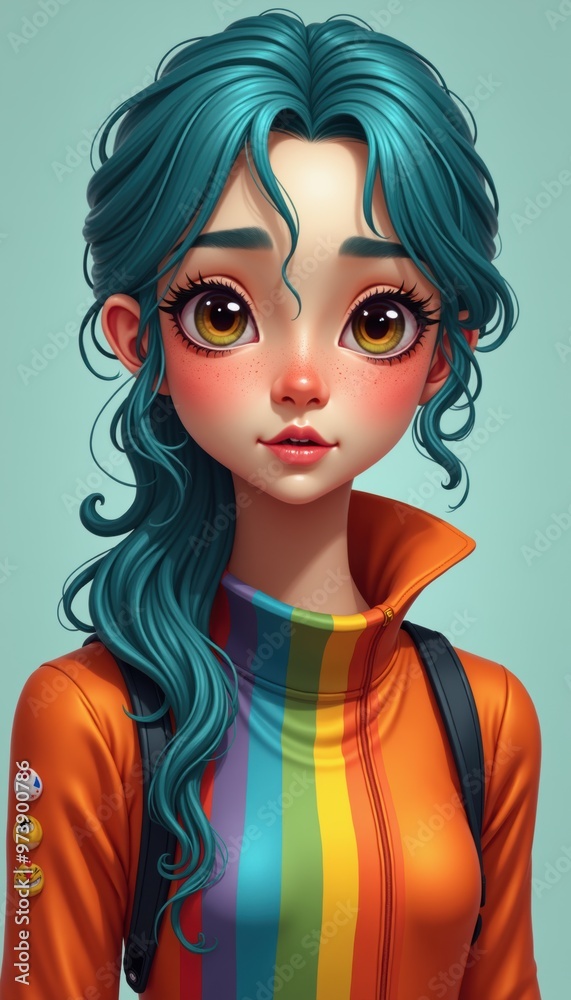 A vibrant and expressive character portrait featuring a girl with teal hair and a colorful outfit, perfect for projects in fashion, youth culture, and digital art. A vibrant and expressive character portrait featuring a girl with teal hair and a colorful outfit, perfect for projects in fashion, youth culture, and digital art.