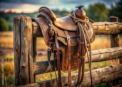 A rustic, worn leather cinch wraps around a weathered saddle on a wooden fence, evoking a sense of photo