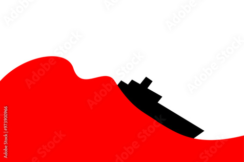 Silhouette of a steamboat is seen moving unsteadily on the large red wave isolated on white background, Symbol of economic recession and plunging chart graph going down when trading loss